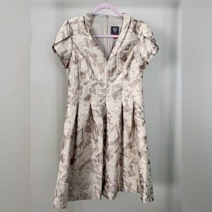 Vince Camuto Cream and Light Taupe Patterned Fit-and-Flare Dress